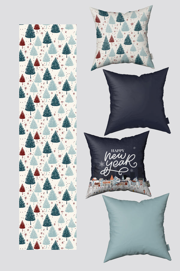 Lacivert Yeşil Çam Ağacı Yılbaşı 4 Kırlent Kılıfı 1 Runner Seti