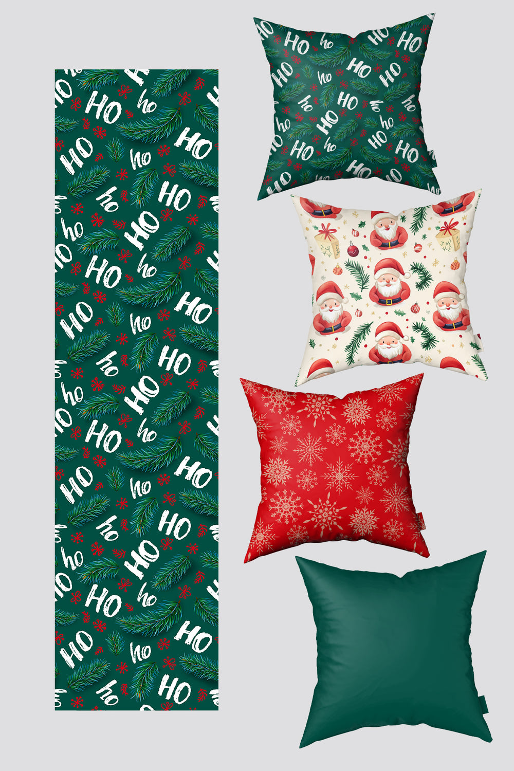 Noel Temalı Çam Dalları ve Kar Taneleri 4 Kırlent Kılıfı 1 Runner Seti