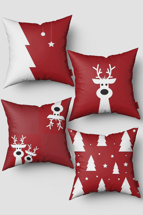 Kırmızı Beyaz Ren Geyiği ve Çam Ağacı Yılbaşı 4'lü Kırlent Kılıfı Seti