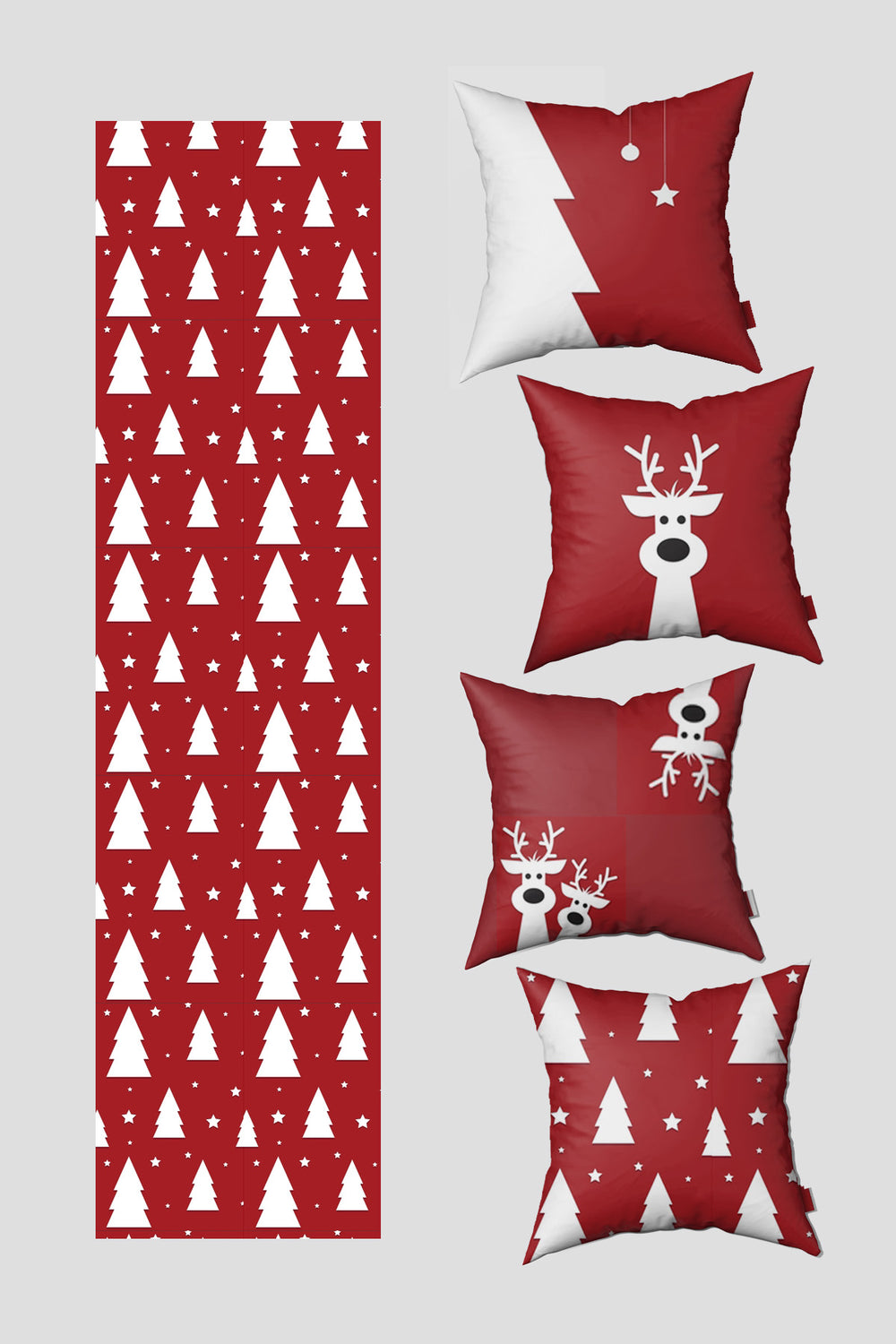 Kırmızı Beyaz Ren Geyiği ve Çam Ağacı Yılbaşı 4 Kırlent Kılıfı 1 Runner Seti