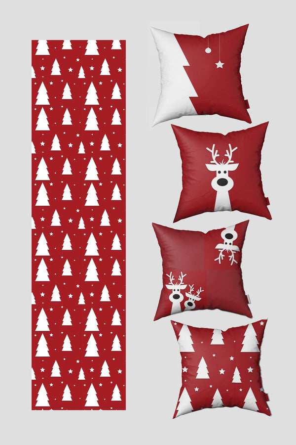 Kırmızı Beyaz Ren Geyiği ve Çam Ağacı Yılbaşı 4 Kırlent Kılıfı 1 Runner Seti