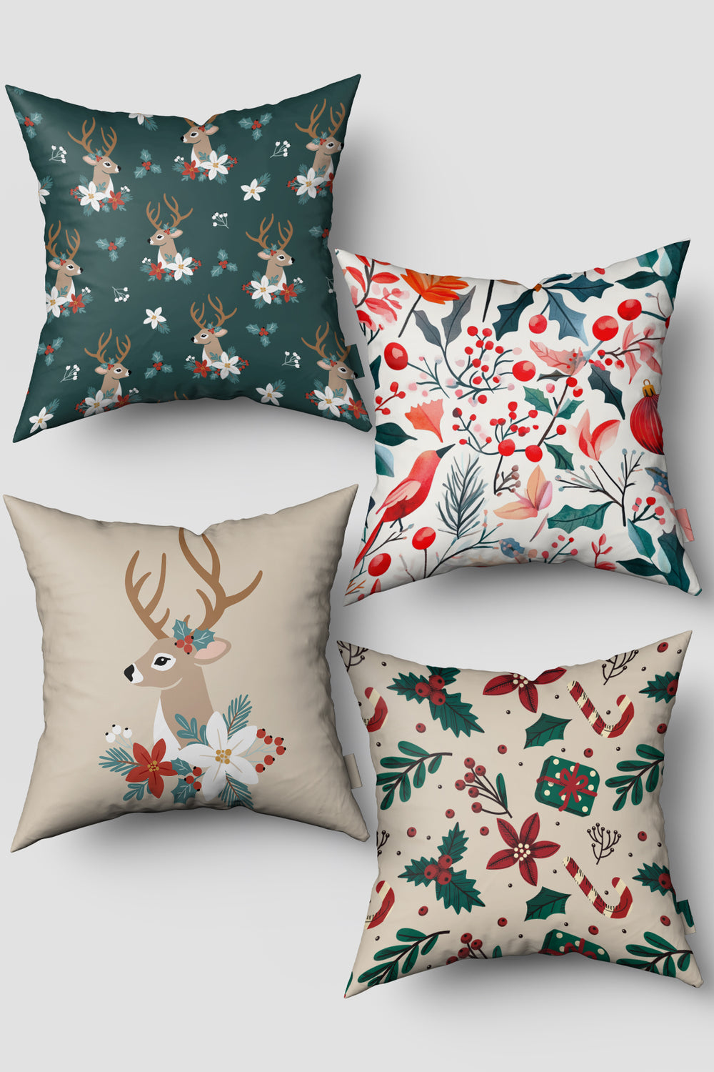Noel Temalı Yeşil Bej Ren Geyiği ve Kırmızı Meyveler4'lü Kırlent Kılıfı Seti