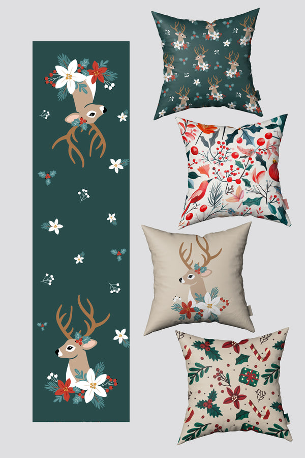 Noel Temalı Yeşil Bej Ren Geyiği ve Kırmızı Meyveler 4 Kırlent Kılıfı 1 Runner Seti