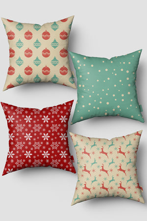 Yeşil Kırmızı Geyik ve Yılbaşı Topları 4'lü Kırlent Kılıfı Seti