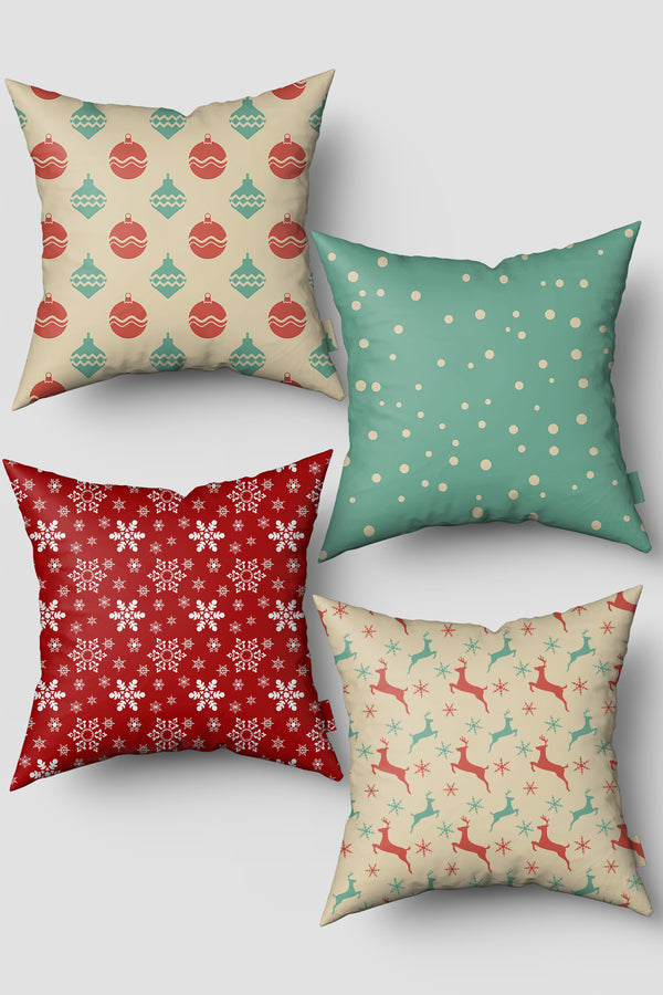 Yeşil Kırmızı Geyik ve Yılbaşı Topları 4'lü Kırlent Kılıfı Seti