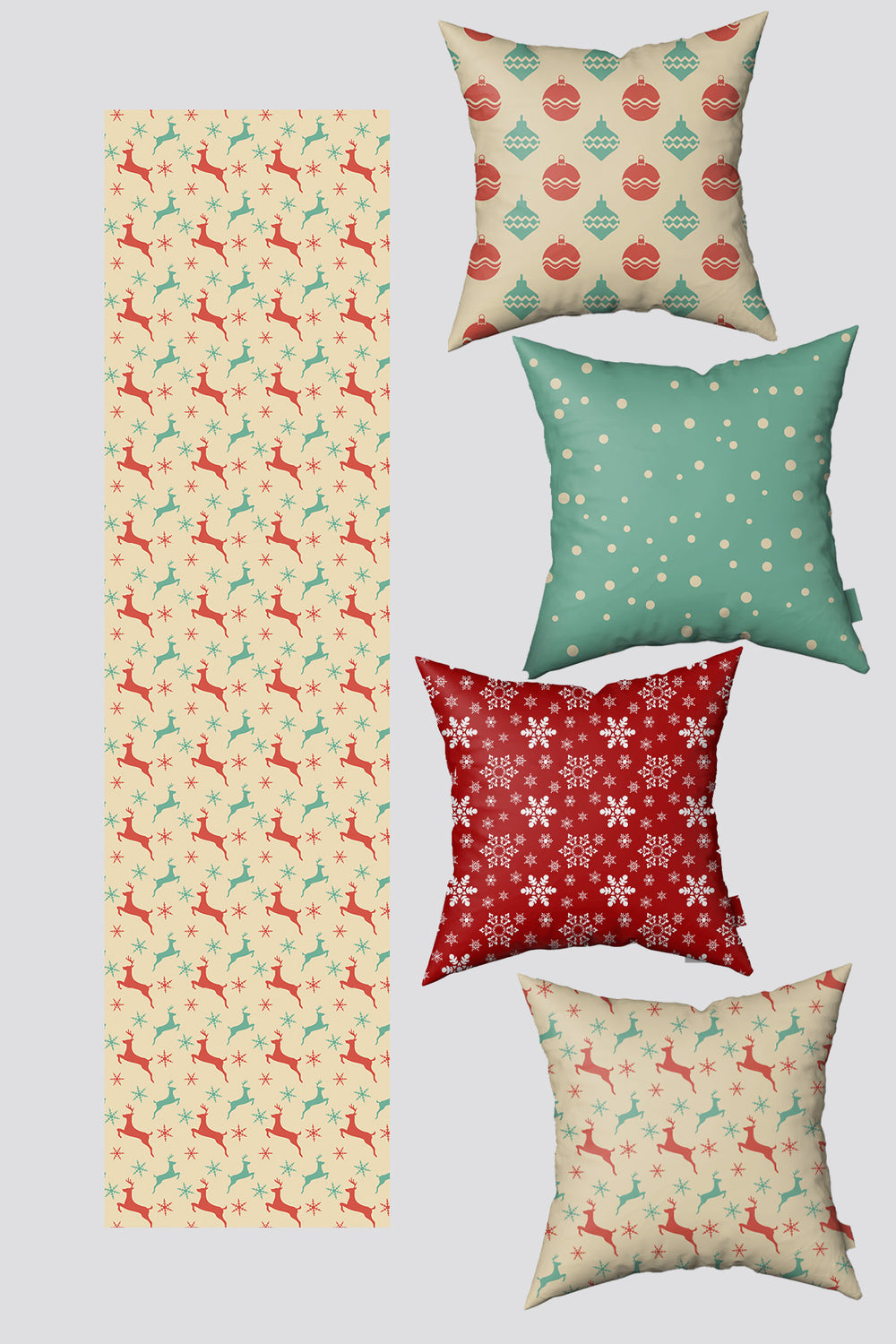 Yeşil Kırmızı Geyik ve Yılbaşı Topları 4 Kırlent Kılıfı 1 Runner Seti