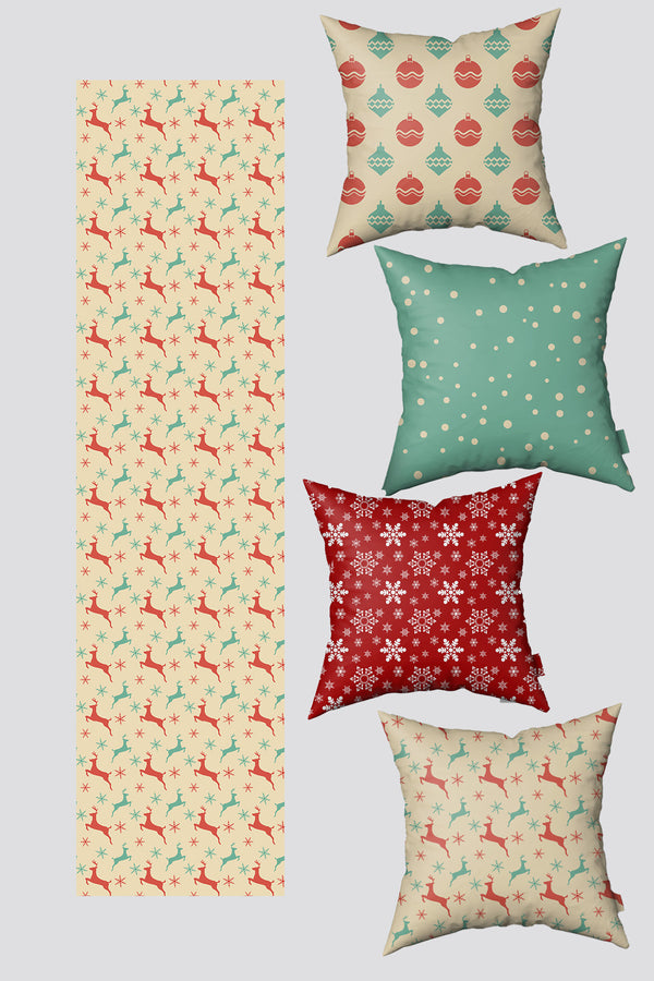 Yeşil Kırmızı Geyik ve Yılbaşı Topları 4 Kırlent Kılıfı 1 Runner Seti