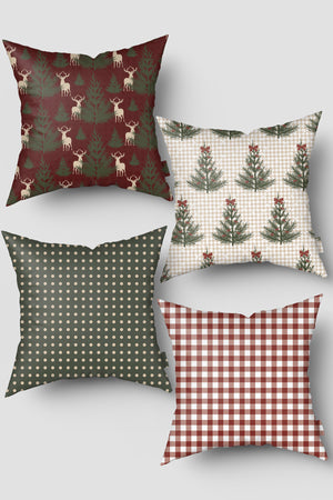 Bordo Yeşil Pötikare ve Çam Ağacı Yılbaşı 4'lü Kırlent Kılıfı Seti