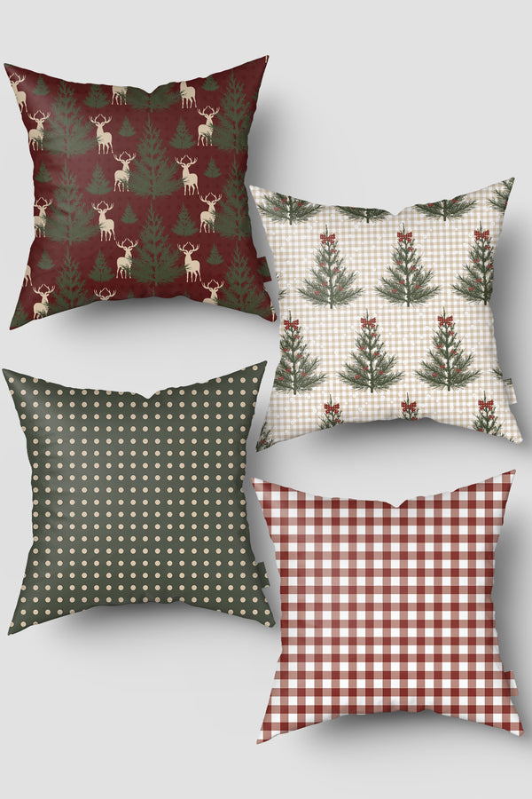 Bordo Yeşil Pötikare ve Çam Ağacı Yılbaşı 4'lü Kırlent Kılıfı Seti