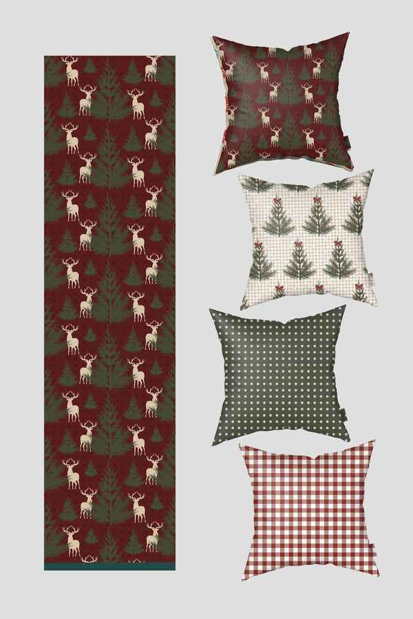 Bordo Yeşil Pötikare ve Çam Ağacı Yılbaşı 4 Kırlent Kılıfı 1 Runner Seti