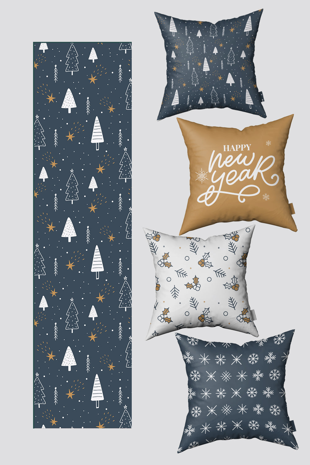 Lacivert Sarı Çam Ağacı ve Kar Taneleri Yılbaşı 4 Kırlent Kılıfı 1 Runner Seti