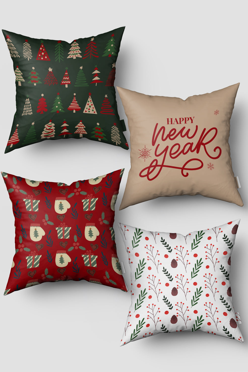 Noel Temalı Kırmızı Bej Renkli Çam Ağaçları Yılbaşı 4'lü Kırlent Kılıfı Seti