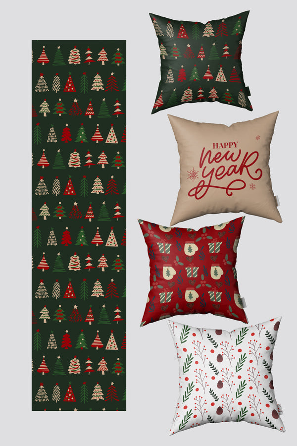 Noel Temalı Kırmızı Bej Renkli Çam Ağaçları Yılbaşı 4 Kırlent Kılıfı 1 Runner Seti
