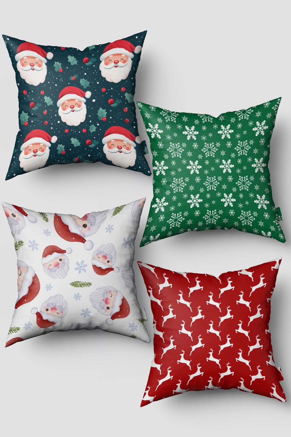 Noel Temalı Lacivert Kırmızı Geyik ve Kar Taneleri Yılbaşı 4'lü Kırlent Kılıfı Seti