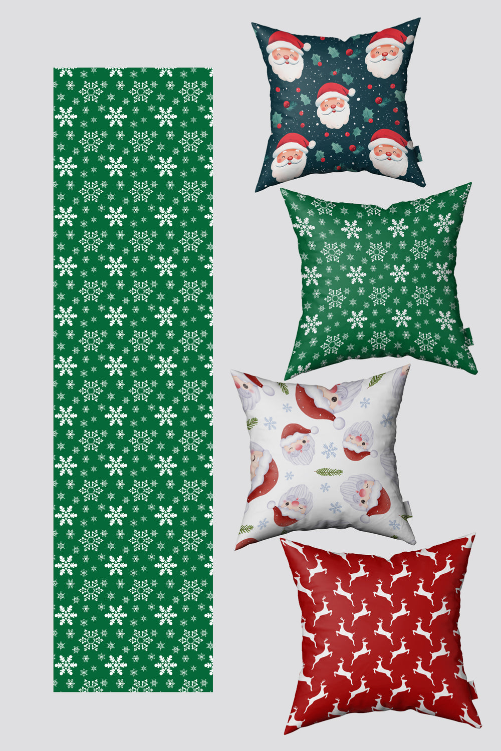 Noel Temalı Lacivert Kırmızı Geyik ve Kar Taneleri Yılbaşı 4 Kırlent Kılıfı 1 Runner Seti