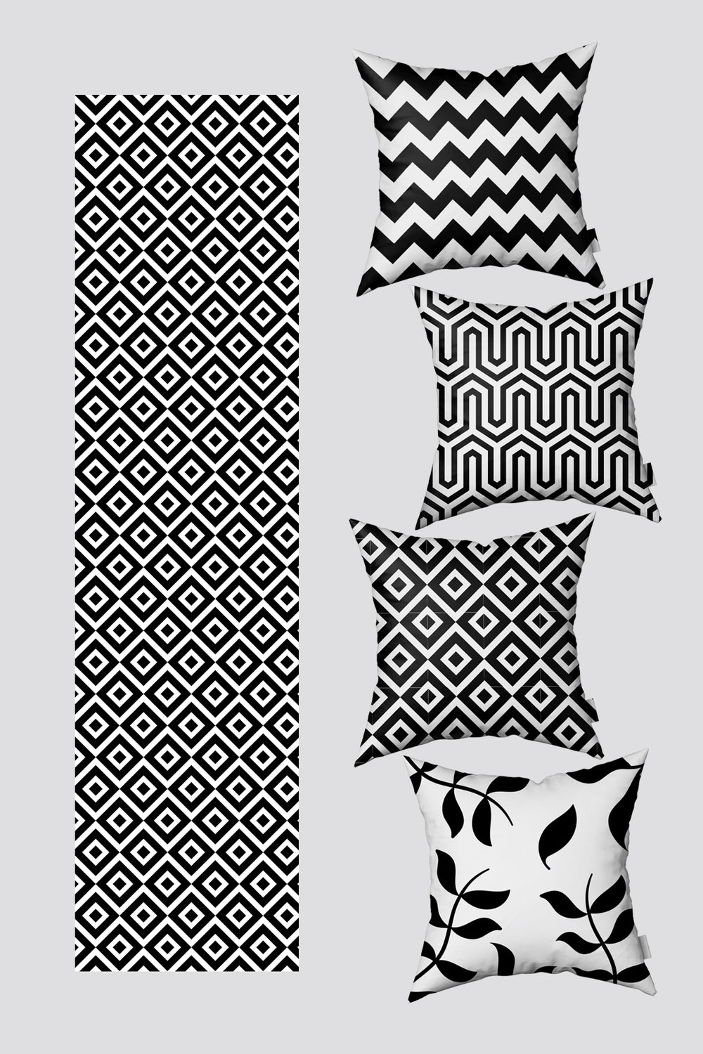 Siyah Beyaz Geometrik Desenli 4'lü Kırlent Kılıfı ve Runner Seti 50x50cm