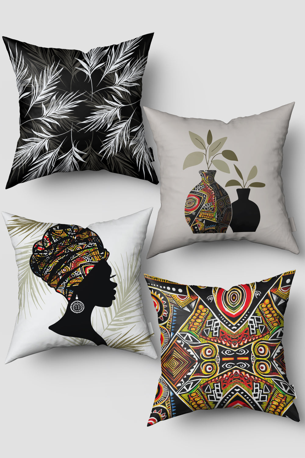Beyaz Siyah Etnik Afrika Figürlü 4'lü Kırlent Kılıfı Seti 50x50cm