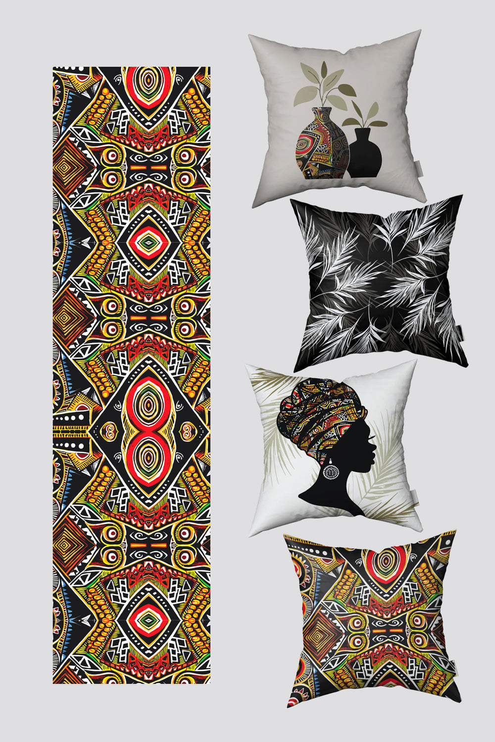 Beyaz Siyah Etnik Afrika Figürlü 4'lü Kırlent Kılıfı ve Runner Seti 50x50cm