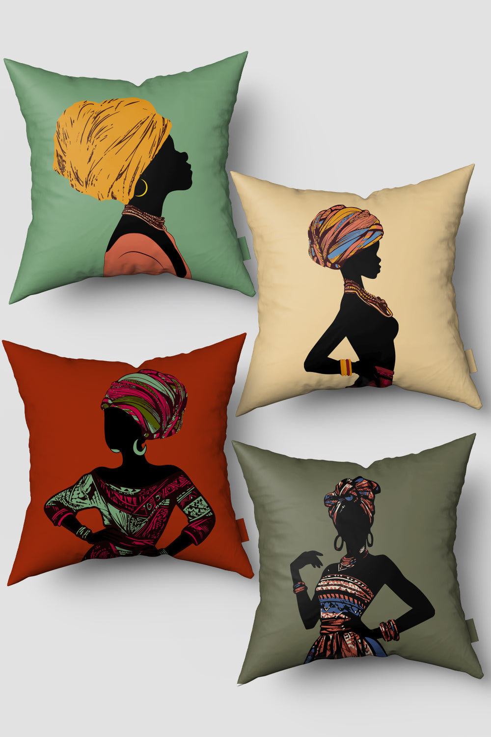 Renkli Etnik Afrika Kadın Figürlü 4'lü Kırlent Kılıfı Seti 50x50cm