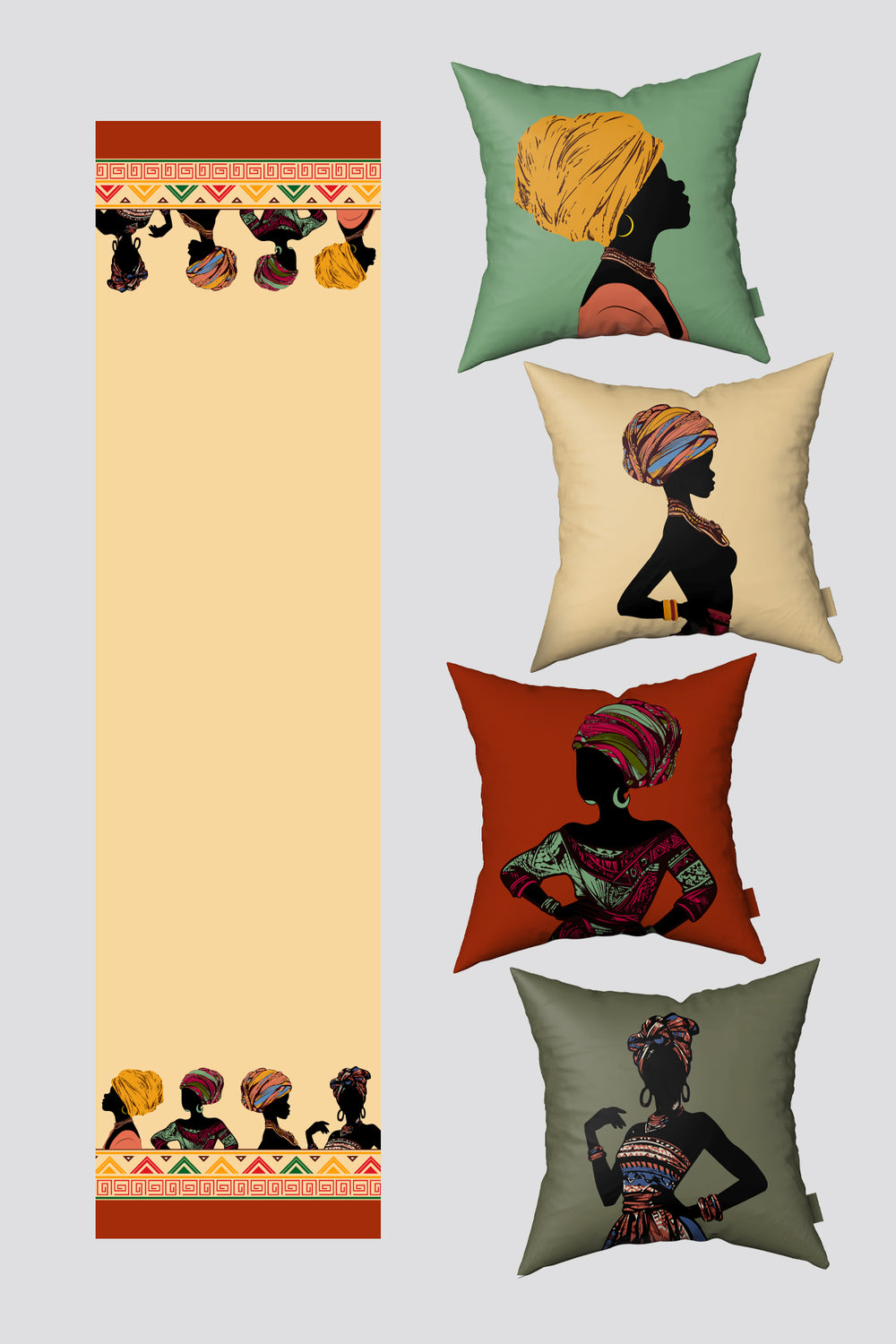Renkli Etnik Afrika Kadın Figürlü 4'lü Kırlent Kılıfı ve Runner Seti 50x50cm