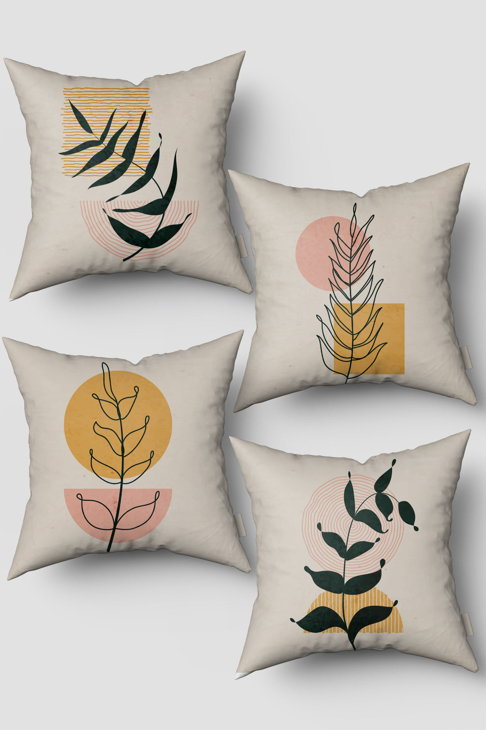 Krem  Bohem Yaprak Desenli 4'lü Kırlent Kılıfı Seti 50x50cm