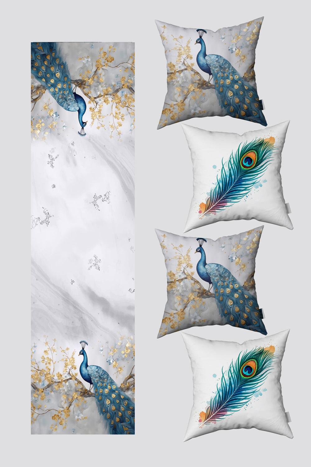 Mavi Beyaz Tropikal Tavus Kuşu Tüyü Desenli 4'lü Kırlent Kılıfı ve Runner Seti 50x50cm