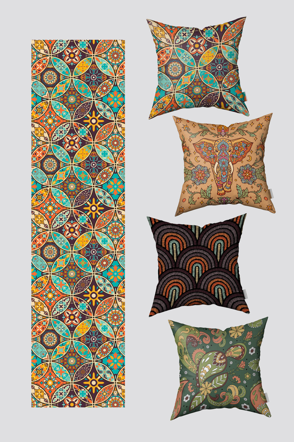 Turuncu Çok Renkli Etnik Vintage Desenli 4'lü Kırlent Kılıfı ve Runner Seti 50x50cm