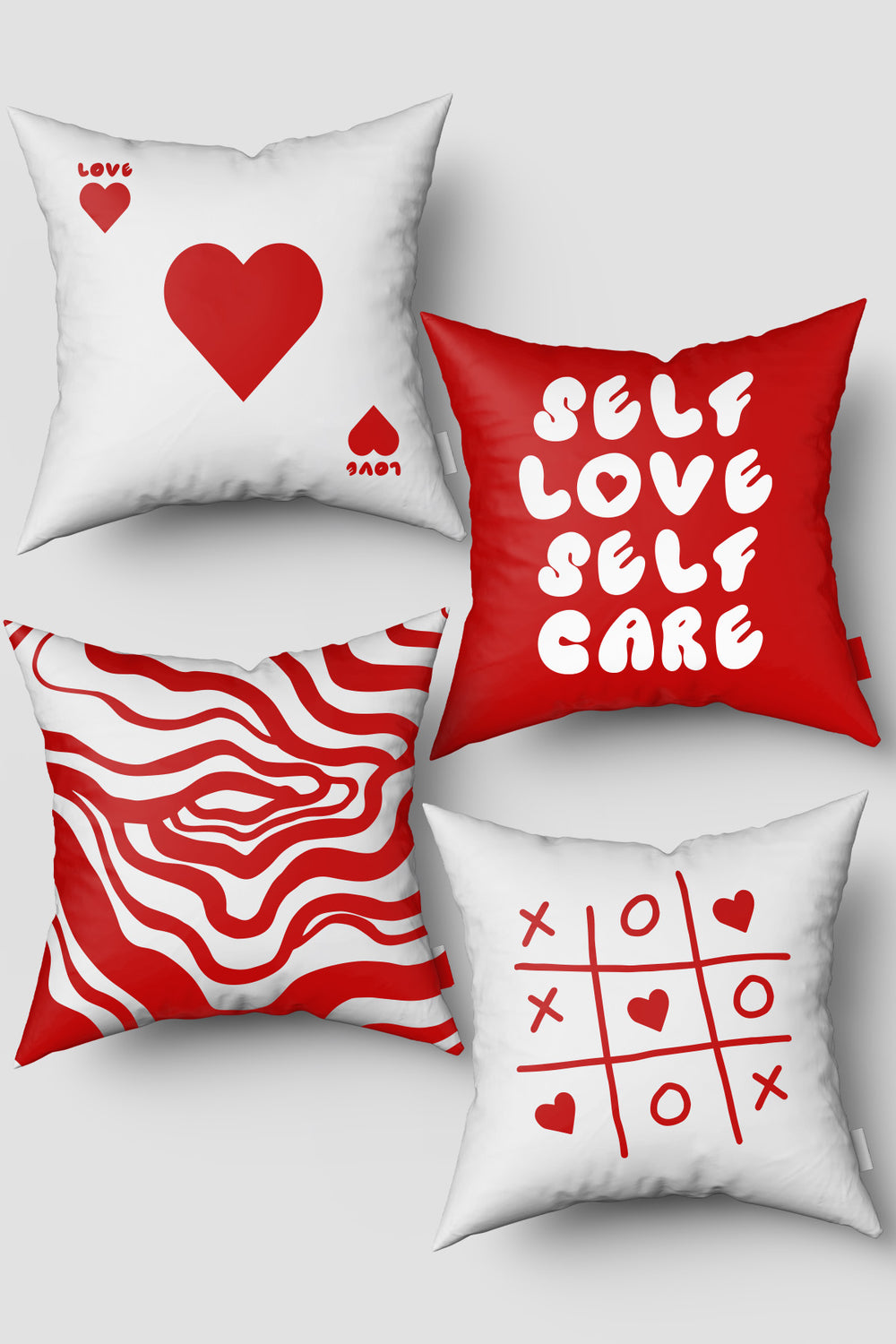 Beyaz Kırmızı Kalp Love Desenli 4'lü Kırlent Kılıfı Seti 50x50cm