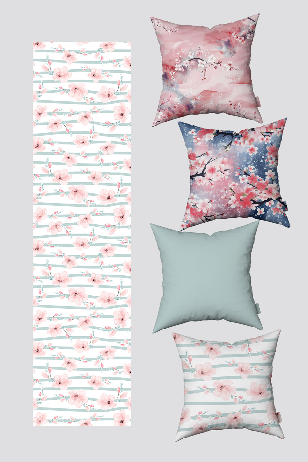 Pembe Mavi Modern Çiçek Desenli 4'lü Kırlent Kılıfı ve Runner Seti 50x50cm