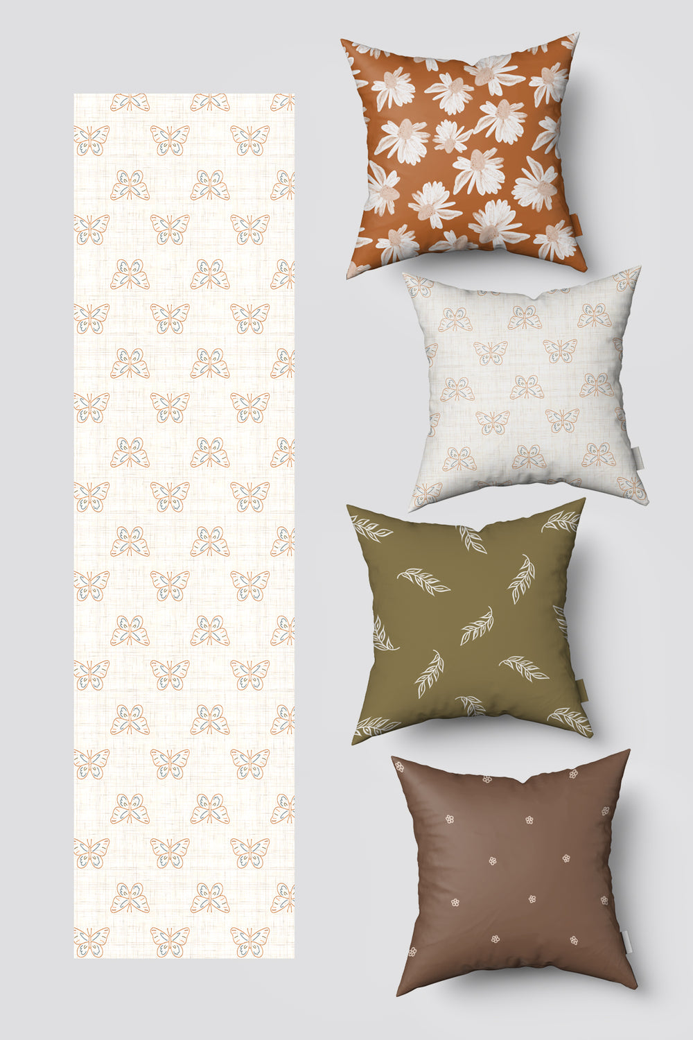 Kahverengi Krem Kelebek Yaprak Desenli 4'lü Kırlent Kılıfı ve Runner Seti 50x50cm