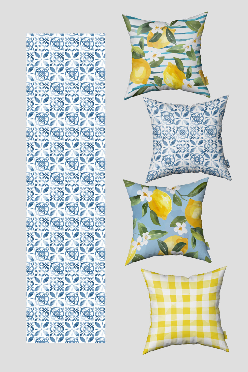 Sarı Mavi Limon Çiçek Desenli Dekoratif 4'lü Kırlent Kılıfı ve Runner Seti 50x50cm