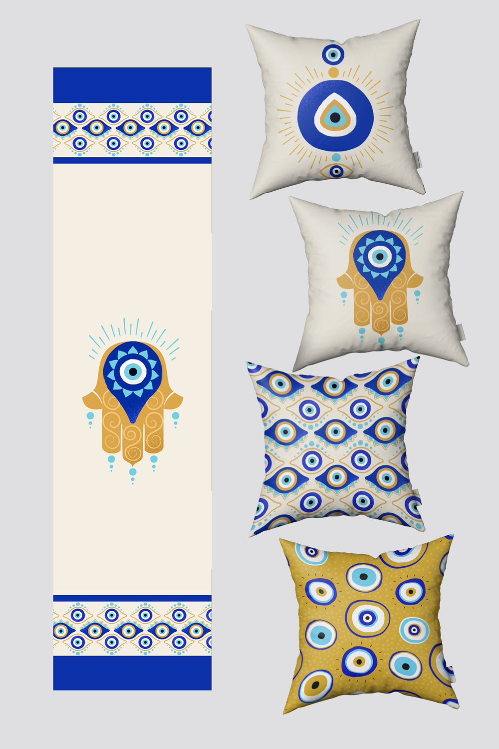 Mavi Hardal Sarısı Nazar Boncuğu Desenli 4'lü Kırlent Kılıfı ve Runner Seti 50x50cm