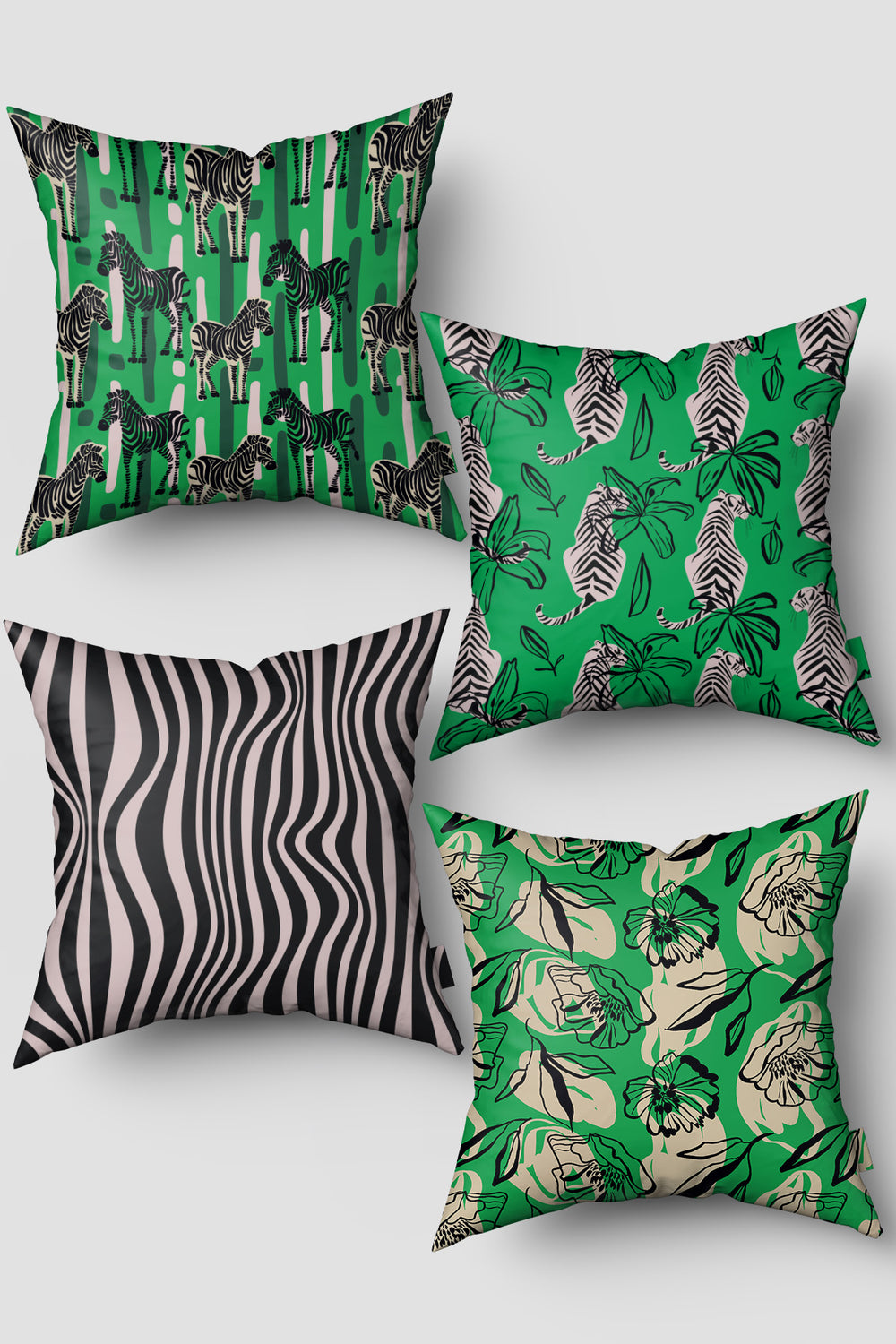 Yeşil Siyah Tropikal Zebra Desenli 4'lü Kırlent Kılıfı Seti 50x50cm