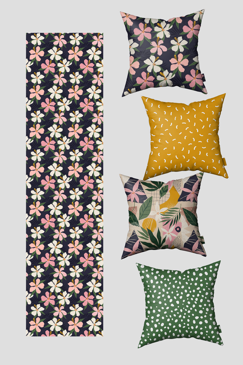 Çok Renkli Modern Çiçek Desenli 4'lü Kırlent Kılıfı ve Runner Seti 50x50cm