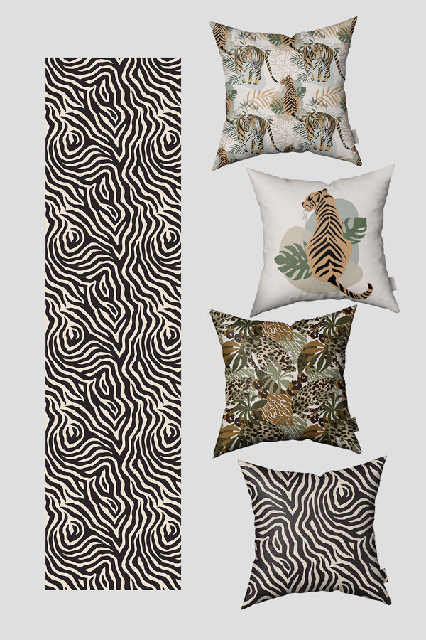 Kahverengi Bej Tropikal Zebra Desenli 4'lü Kırlent Kılıfı ve Runner Seti