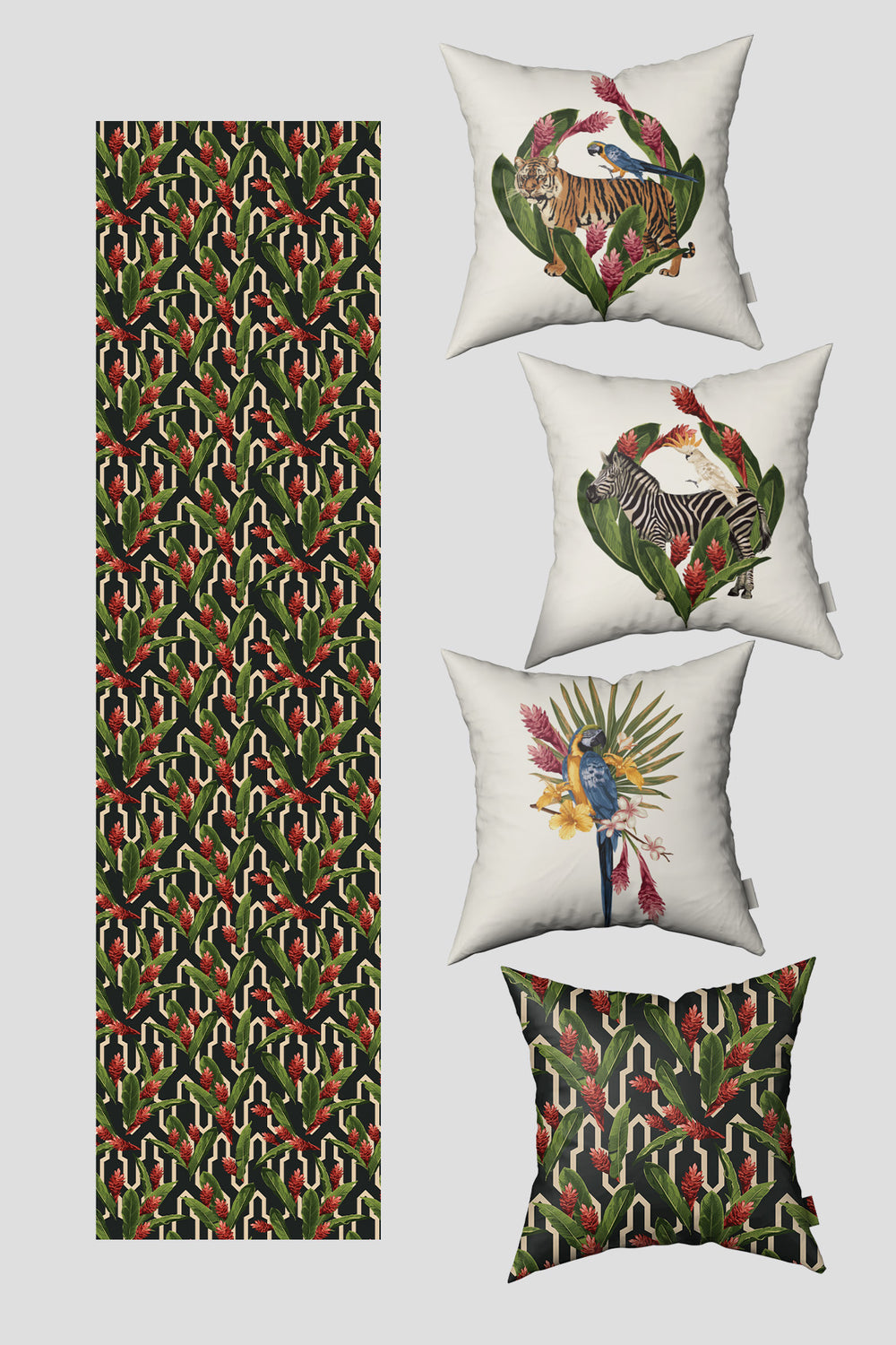 Bej Papağan Egzotik Yaprak Desenli 4'lü Kırlent Kılıfı ve Runner Seti 50x50cm