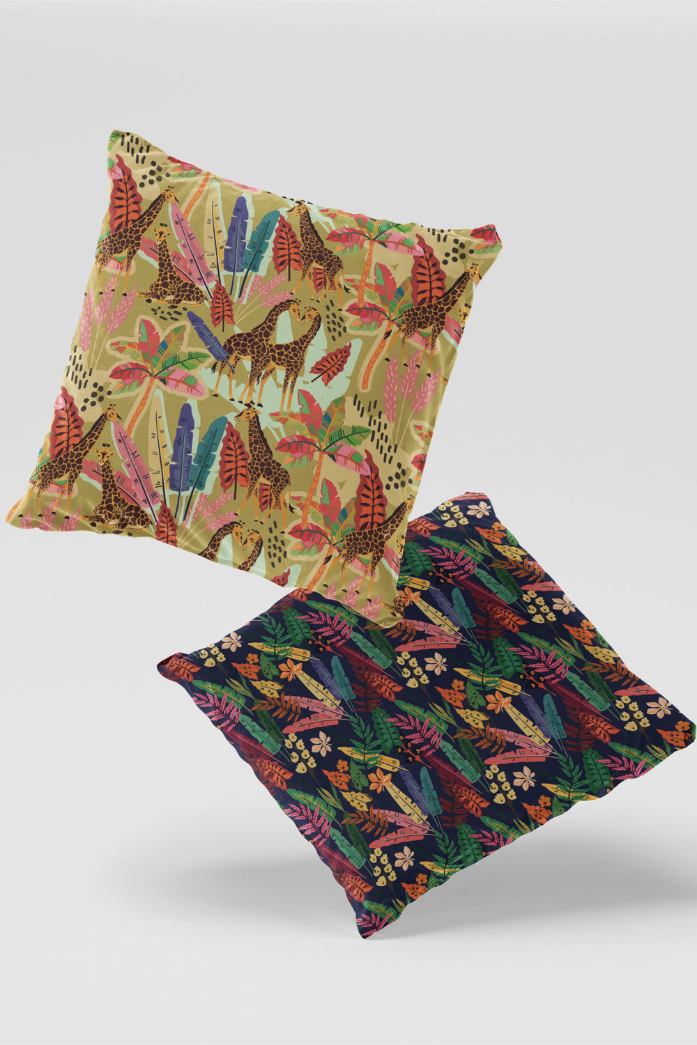 Lacivert Sarı Tropikal Yaprak ve Zebra Desenli 2'li Kırlent Kılıfı Seti 50x50cm