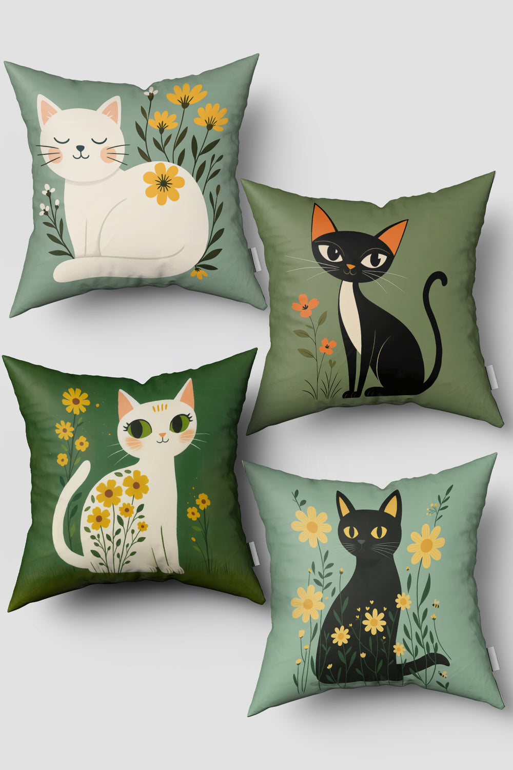 Yeşil Sevimli Kedi Figürlü 4'lü Kırlent Kılıfı Seti 50x50cm