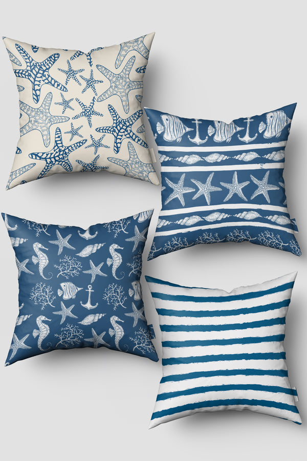 Mavi Marin Temalı Deniz Yıldızı Desenli 4'lü Kırlent Kılıfı Seti 50x50cm