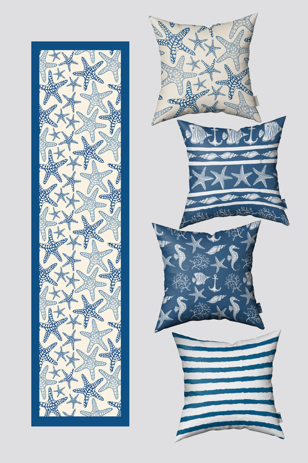 Mavi Marin Temalı Deniz Yıldızı Desenli 4 Kırlent Kılıfı ve 1 Runner Seti 50x50cm