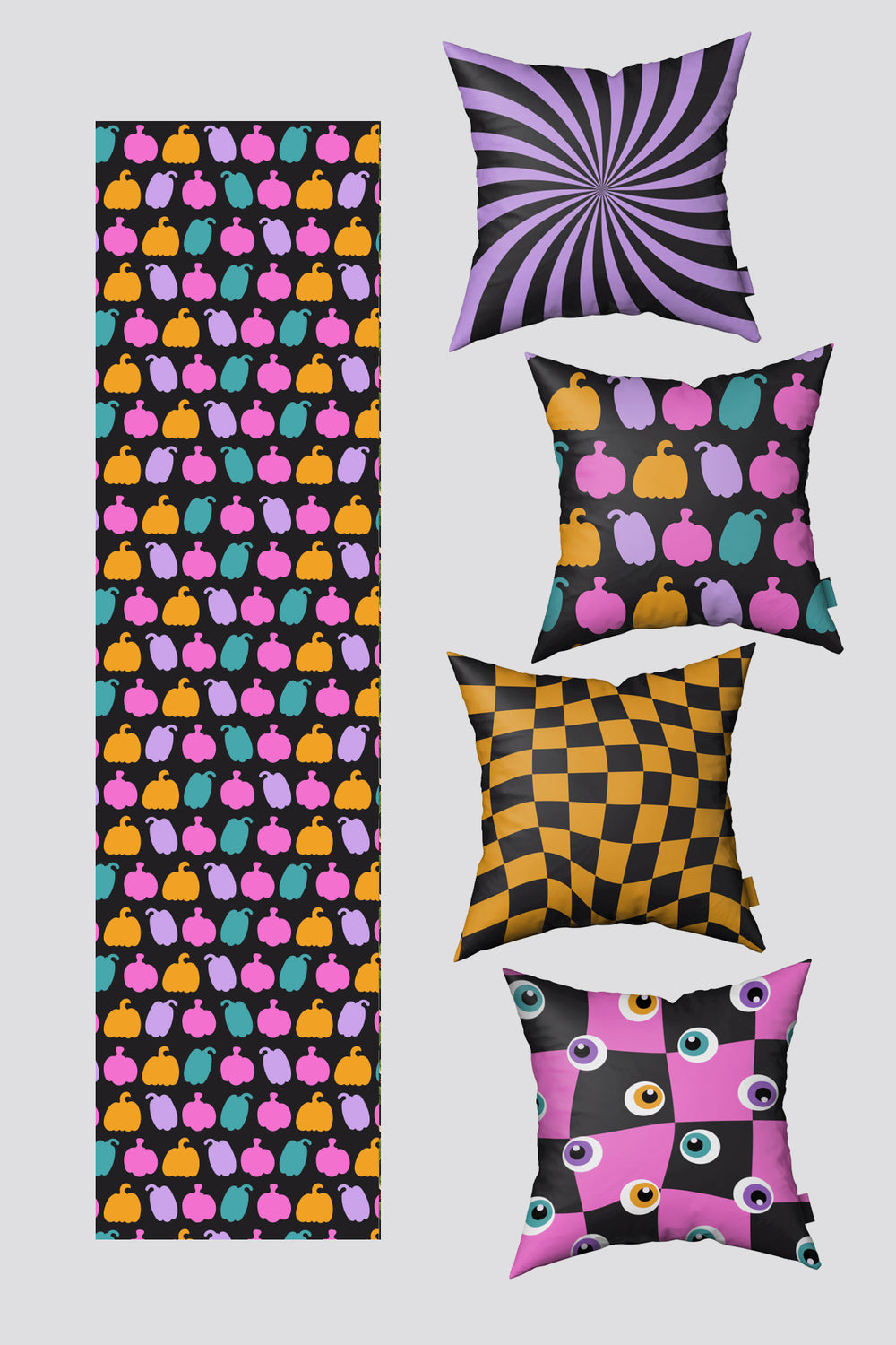 Mor Siyah Halloween Cadılar Bayramı Temalı 4 Kırlent Kılıfı ve 1 Runner Seti