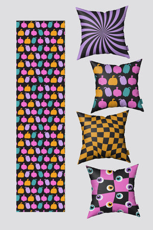 Mor Siyah Halloween Cadılar Bayramı Temalı 4 Kırlent Kılıfı ve 1 Runner Seti 50x50cm