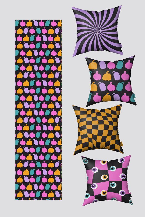 Mor Siyah Halloween Cadılar Bayramı Temalı 4 Kırlent Kılıfı ve 1 Runner Seti 50x50cm