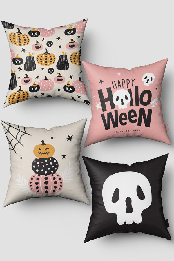 Halloween Temalı Sevimli Balkabağı Desenli Cadılar Bayramı 4'lü Kırlent Kılıfı Seti 50x50cm