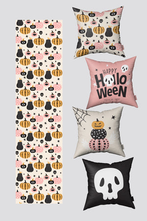 Halloween Temalı Sevimli Balkabağı Desenli Cadılar Bayramı 4 Kırlent Kılıfı ve 1 Runner seti 50x50cm