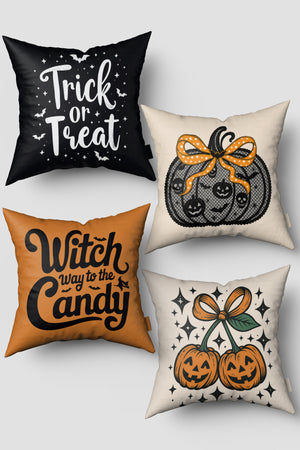 Dekoratif Yazılı Halloween Temalı Cadılar Bayramı 4'lü Kırlent Kılıfı Seti 50x50cm