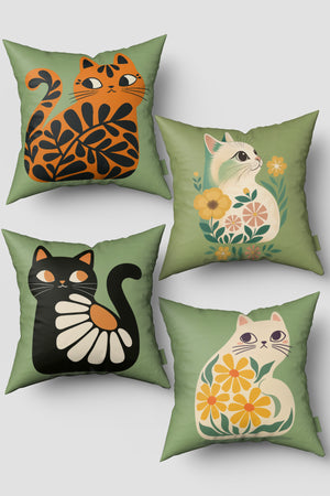 Yeşil Sevimli Kediler 4'lü Kırlent Kılıfı