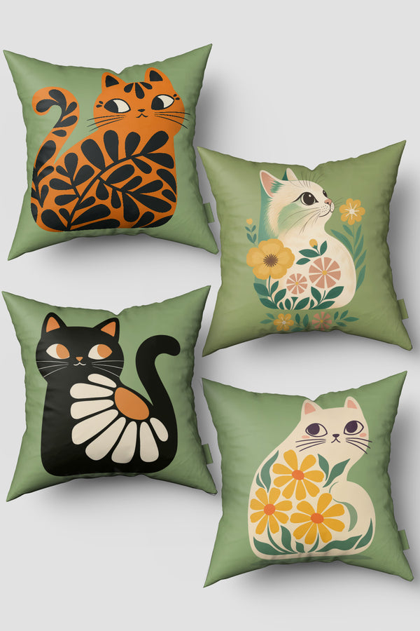 Yeşil Sevimli Kediler 4'lü Kırlent Kılıfı 50x50cm