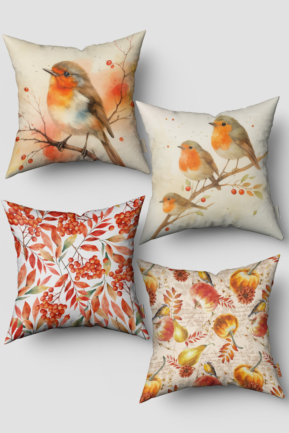 Sonbahar Temalı Nar Bülbülü Desenli 4'lü Kırlent Kılıfı