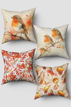 Sonbahar Temalı Nar Bülbülü Desenli 4'lü Kırlent Kılıfı